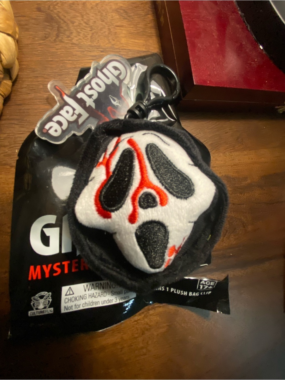 Ghost Face Plush Keychain with Red Blood Accent